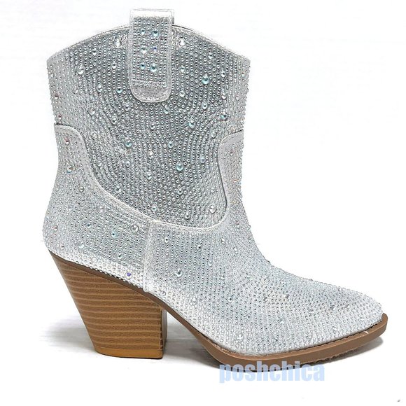 New Women Silver Rhinestone Sparkly Cowboy Western Boots - Picture 4 of 8